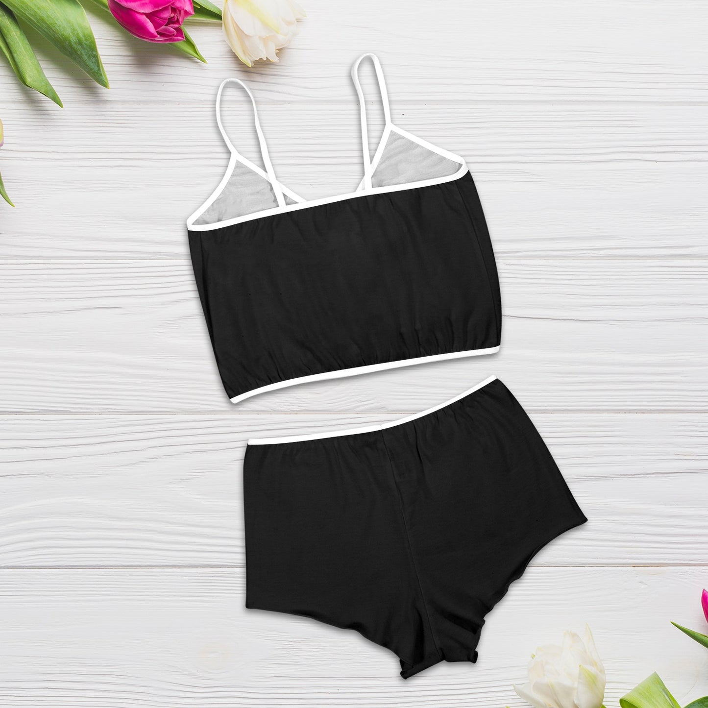 Sixty Eight 93 Logo White Black Women's Rose Button Crop Cami Pajama Set