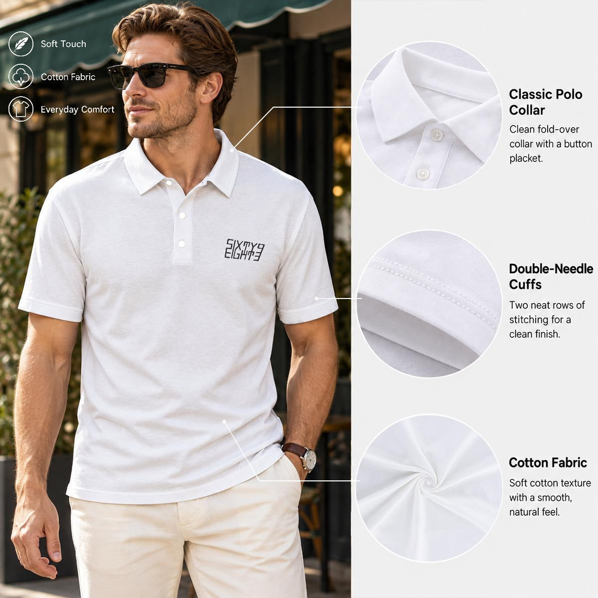 Sixty Eight 93 Logo Black Men's White Cotton Polo Shirt