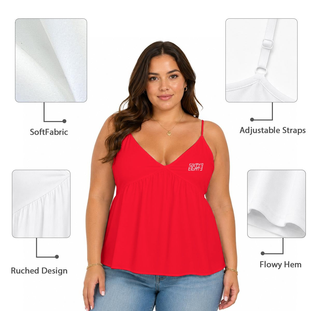 Sixty Eight 93 Logo White Women's Red Cami Peplum Top