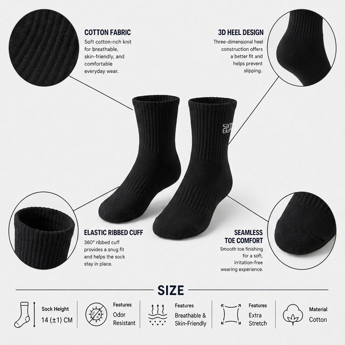 Sixty Eight 93 Logo White Black Embroidery Cotton Sports Quarter Socks