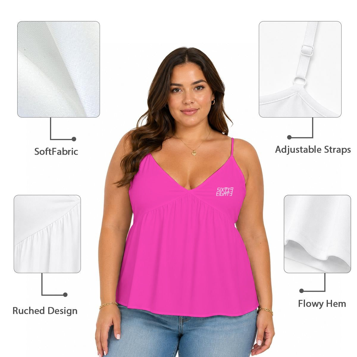 Sixty Eight 93 Logo White Women's Fuchsia Cami Peplum Top