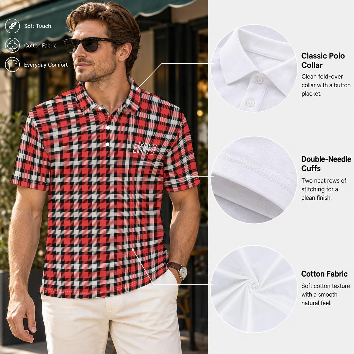 Sixty Eight 93 Logo White RBC Plaid Men's Cotton Polo Shirt
