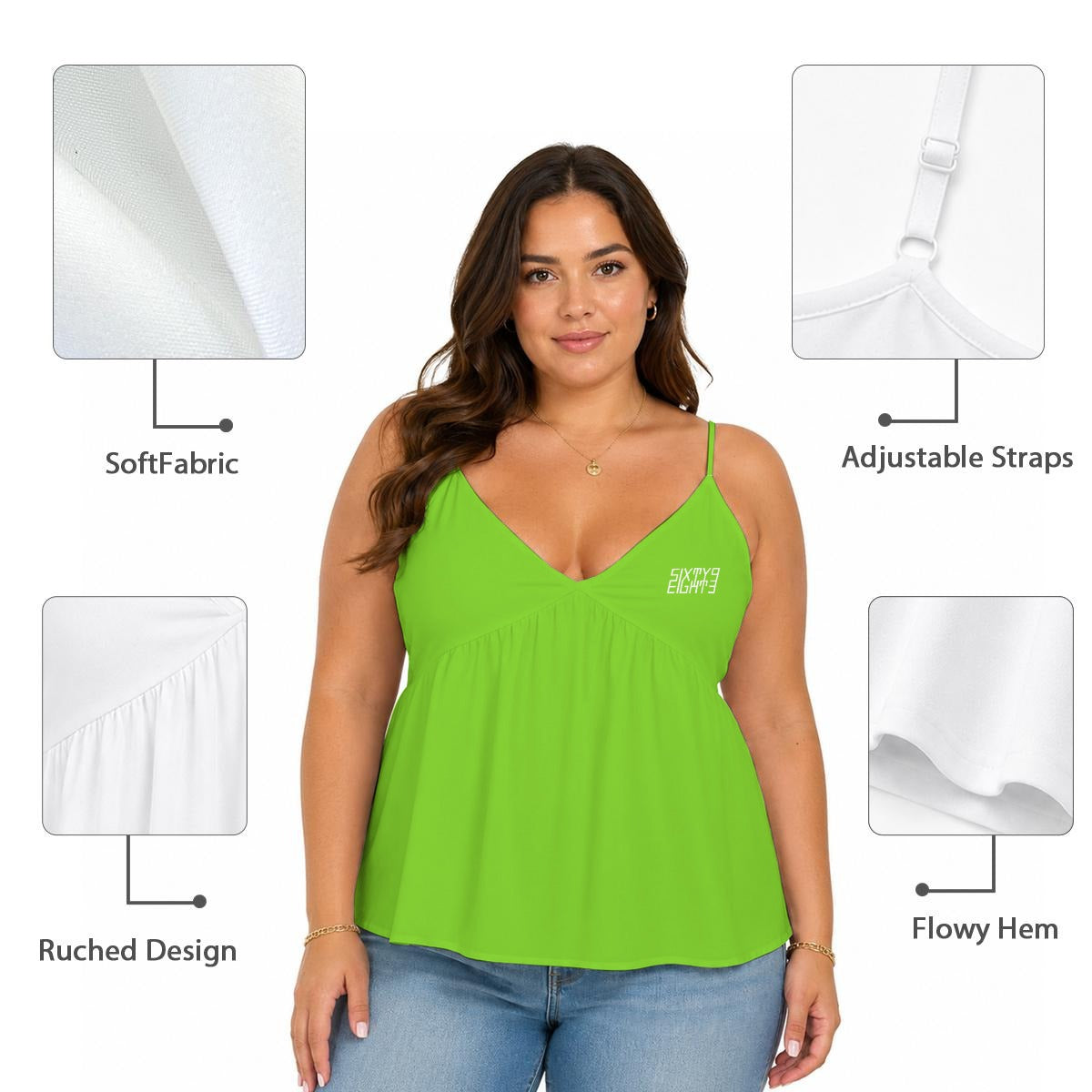 Sixty Eight 93 Logo White Dark Lemon Lime Women's Cami Peplum Top