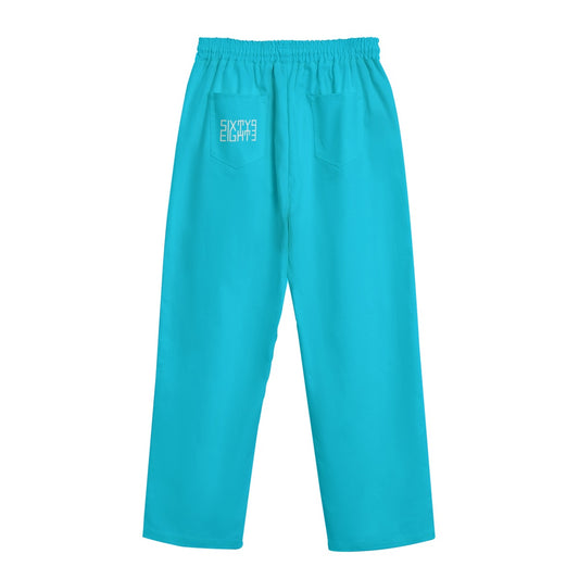 Sixty Eight 93 Logo White Aqua Blue Unisex Straight Casual Pants
