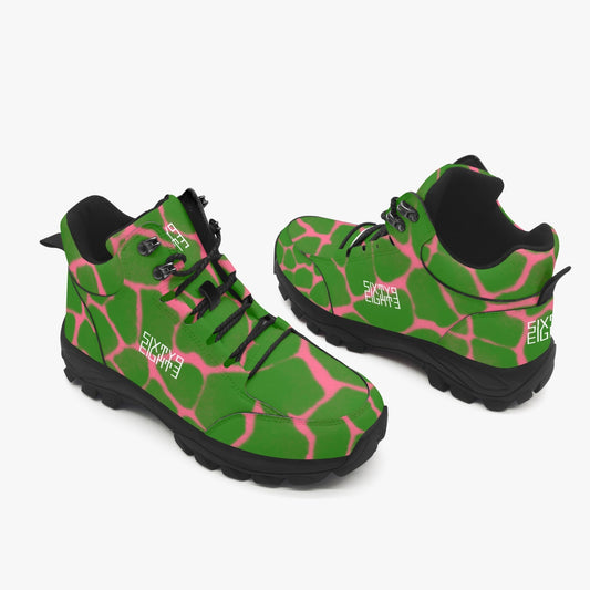 Sixty Eight 93 Logo White Boa Forest Green & Pink High Top Boots