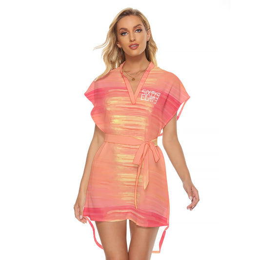 Sixty Eight 93 Upper Logo White Women's Stand-Up Collar Casual Dress With Belt #16