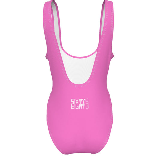 Sixty Eight 93 Logo White Pink Women's High Cut One-Piece Swimsuit