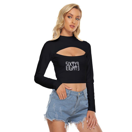 Sixty Eight 93 Logo White Black Women's Hollow Chest Keyhole Tight Crop Top