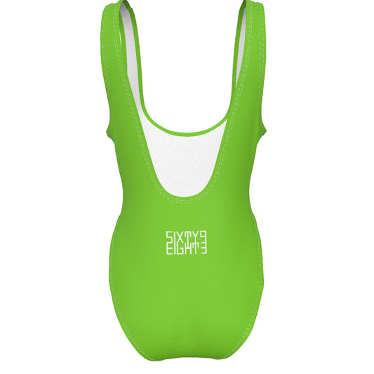 Sixty Eight 93 Logo White Green Apple Women's High Cut One-Piece Swimsuit