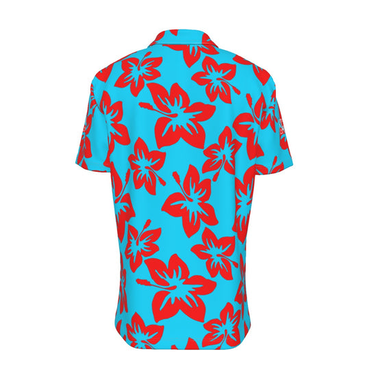 Sixty Eight 93 Logo White Hibiscus Red & Aqua Blue Button Up Shirt