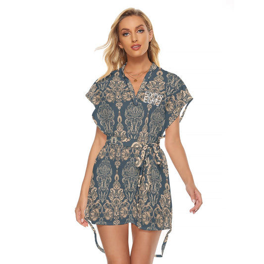 Sixty Eight 93 Upper Logo White Women's Stand-Up Collar Casual Dress With Belt #12