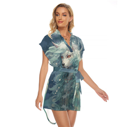 Sixty Eight 93 Upper Logo White & Black Women's Stand-Up Collar Casual Dress With Belt #8