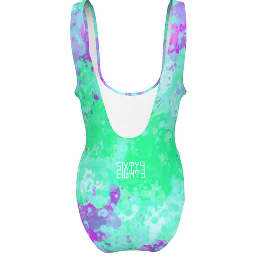 Sixty Eight 93 Logo White Incredible Marble Blue Women's High Cut One-Piece Swimsuit