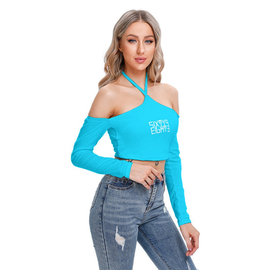 Sixty Eight 93 Logo White Aqua Blue Women's Halter Lace-up Top