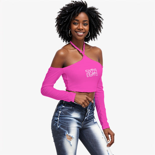 Sixty Eight 93 Logo White Fuchsia Women's Halter Lace-up Top