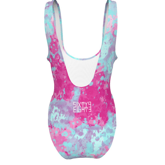 Sixty Eight 93 Logo White Blue Raspberry Women's High Cut One-Piece Swimsuit