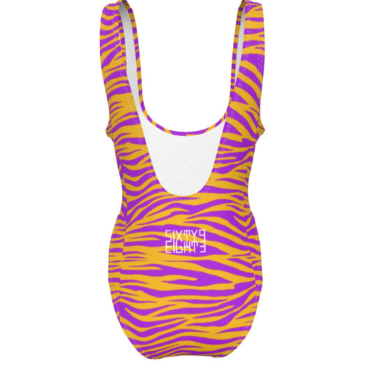 Sixty Eight 93 Logo White Zebra Purange Women's High Cut One-Piece Swimsuit