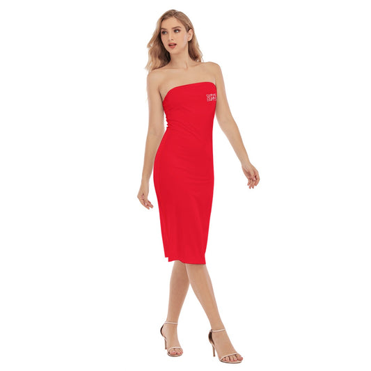 Sixty Eight 93 Logo White Red Women's Side Split Tube Top Dress