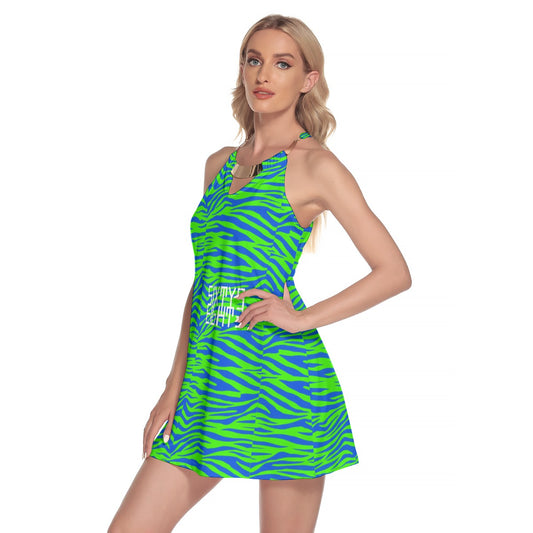 Sixty Eight 93 Logo White Zebra Blueberry Lime Women's Round Neck Above Knee Dress #9