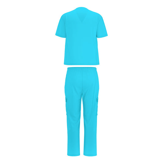 Sixty Eight 93 Logo White Aqua Blue Unisex Scrub Set With Six Pockets