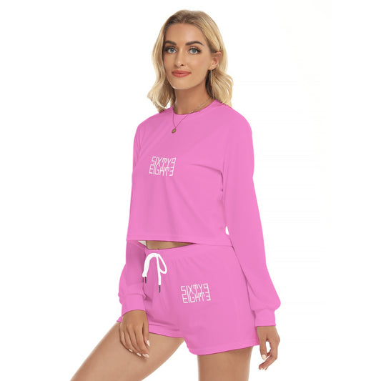 Sixty Eight 93 Logo White Pink Women's Short Sweatshirt And Pants Set