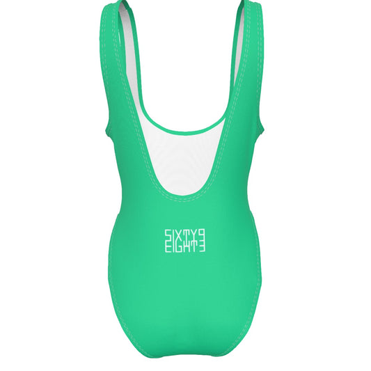 Sixty Eight 93 Logo White Sea Green Women's High Cut One-Piece Swimsuit