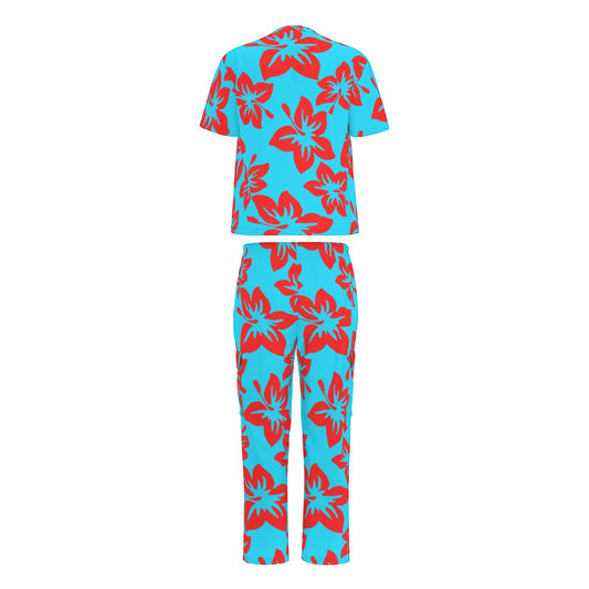 Sixty Eight 93 Logo White Hibiscus Red & Aqua Blue Unisex Scrub Set With Six Pockets