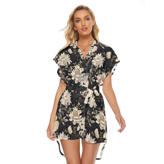 Sixty Eight 93 Logo White & Black Women's Stand-Up Collar Casual Dress With Belt #6