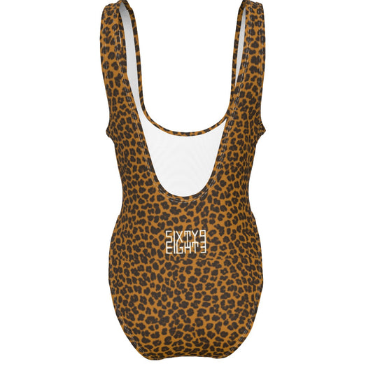 Sixty Eight 93 Logo White Cheetah Orange Women's High Cut One-Piece Swimsuit