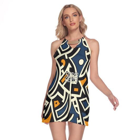 Sixty Eight 93 Logo White & Black Women's Round Neck Above Knee Dress #2