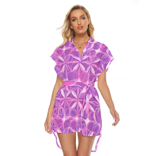 Sixty Eight 93 Logo Fuchsia & White Women's Stand-Up Collar Casual Dress With Belt #5