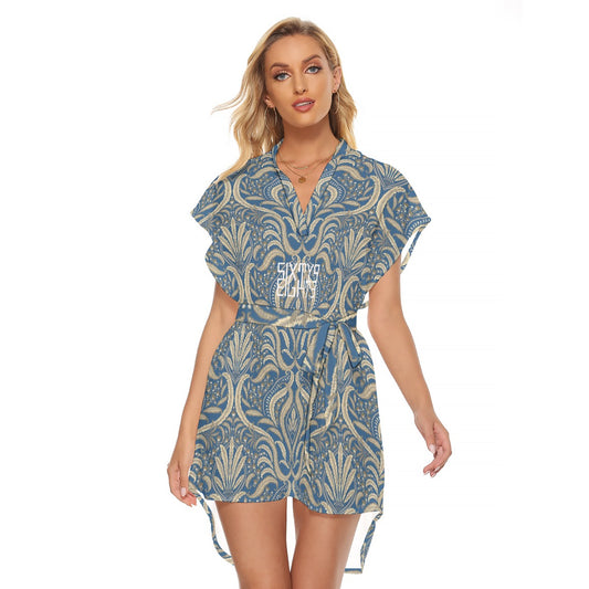 Sixty Eight 93 Logo White Women's Stand-Up Collar Casual Dress With Belt #10