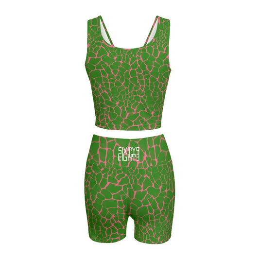 Sixty Eight 93 Logo White Boa Forest Green & Pink Women's Yoga Set