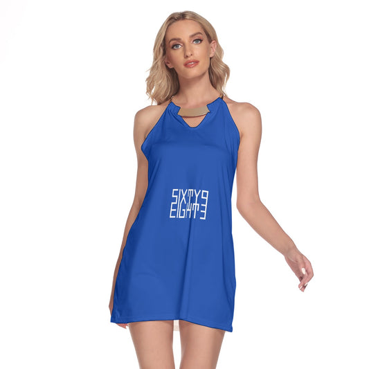 Sixty Eight 93 Logo White Blue Women's Round Neck Above Knee Dress #11