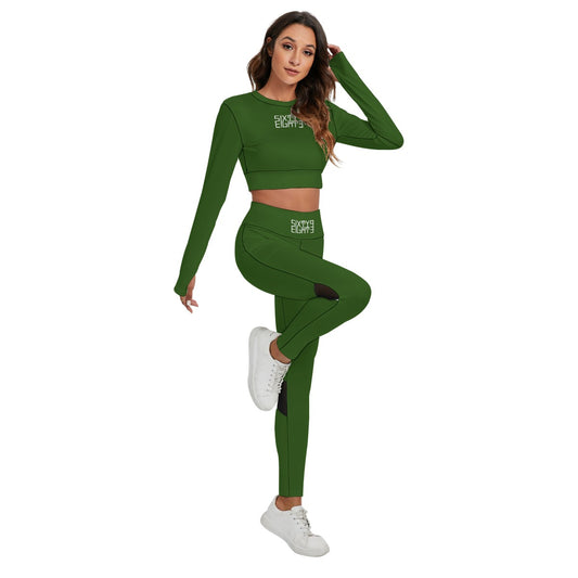 Sixty Eight 93 Logo White Forest Green Women's Sport Set With Backless Top And Leggings