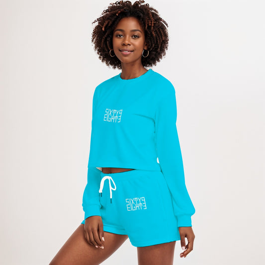 Sixty Eight 93 Logo White Aqua Blue Women's Short Sweatshirt And Pants Set