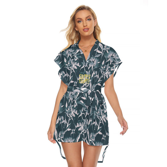 Sixty Eight 93 Logo Gold & White Women's Stand-Up Collar Casual Dress With Belt #2