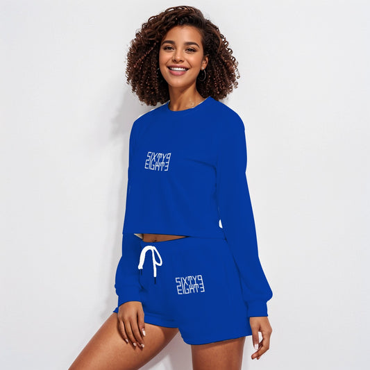 Sixty Eight 93 Logo White Blue Women's Short Sweatshirt And Pants Set