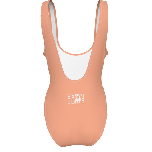 Sixty Eight 93 Logo White Peach Women's High Cut One-Piece Swimsuit