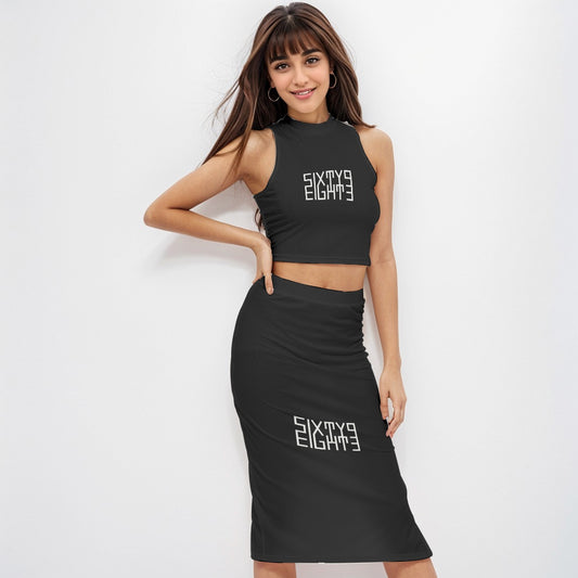 Sixty Eight 93 Logo White Black Women's Tank Top & Split High Skirt Set