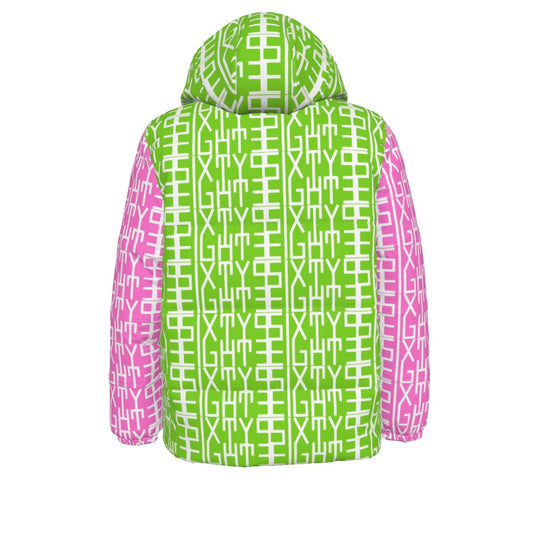 Sixty Eight 93 Infinity Logo White Green Apple & Pink Unisex Hooded Puffer Jacket