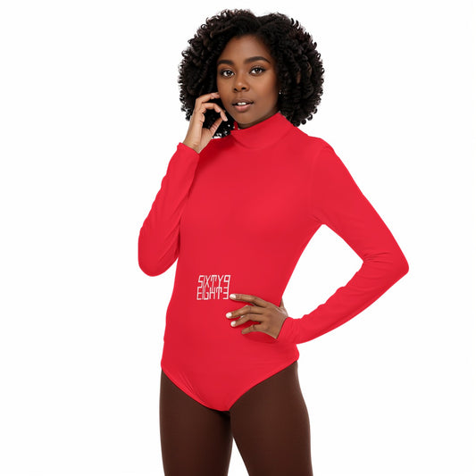 Sixty Eight 93 Logo White Red Women's Turtleneck Long Sleeve Bodysuit