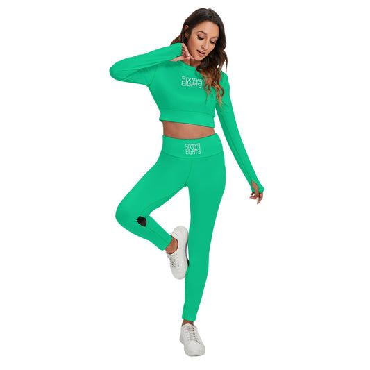 Sixty Eight 93 Logo White Sea Green Women's Sport Set With Backless Top And Leggings