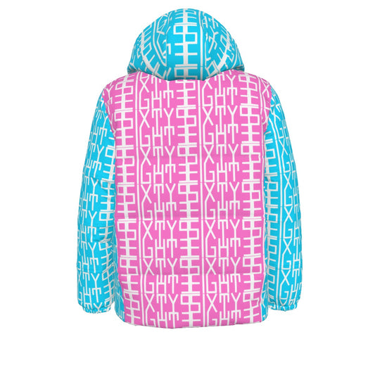 Sixty Eight 93 Infinity Logo White Aqua Blue & Pink Unisex Hooded Puffer Jacket
