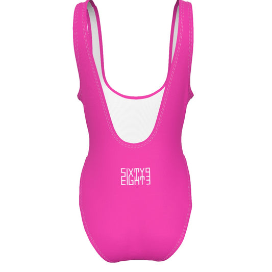 Sixty Eight 93 Logo White Fuchsia Women's High Cut One-Piece Swimsuit