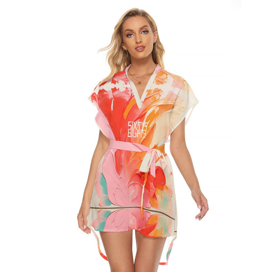 Sixty Eight 93 Logo White Women's Stand-Up Collar Casual Dress With Belt #9