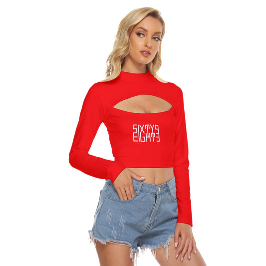 Sixty Eight 93 Logo White Red Women's Hollow Chest Keyhole Tight Crop Top