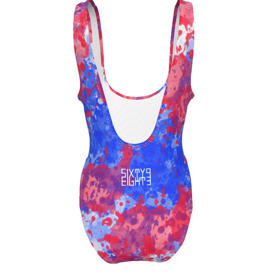 Sixty Eight 93 Logo White Crème Blue Strawberry Women's High Cut One-Piece Swimsuit