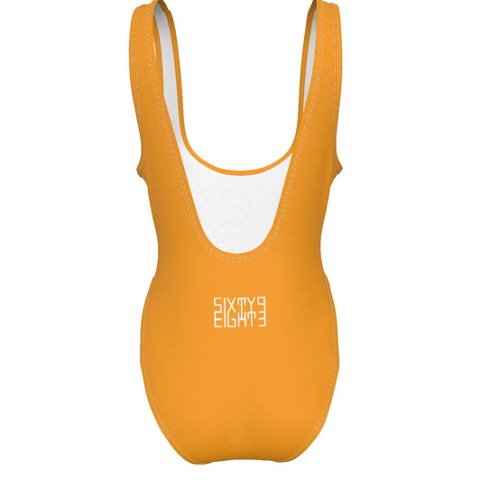 Sixty Eight 93 Logo White Orange Women's High Cut One-Piece Swimsuit