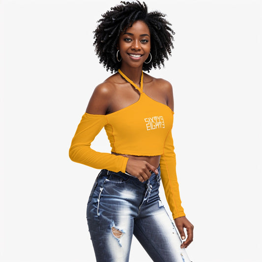 Sixty Eight 93 Logo White Orange Women's Halter Lace-up Top